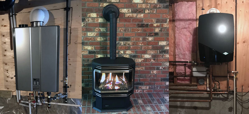 Two images of on-demand hot water heaters and one gas stove.